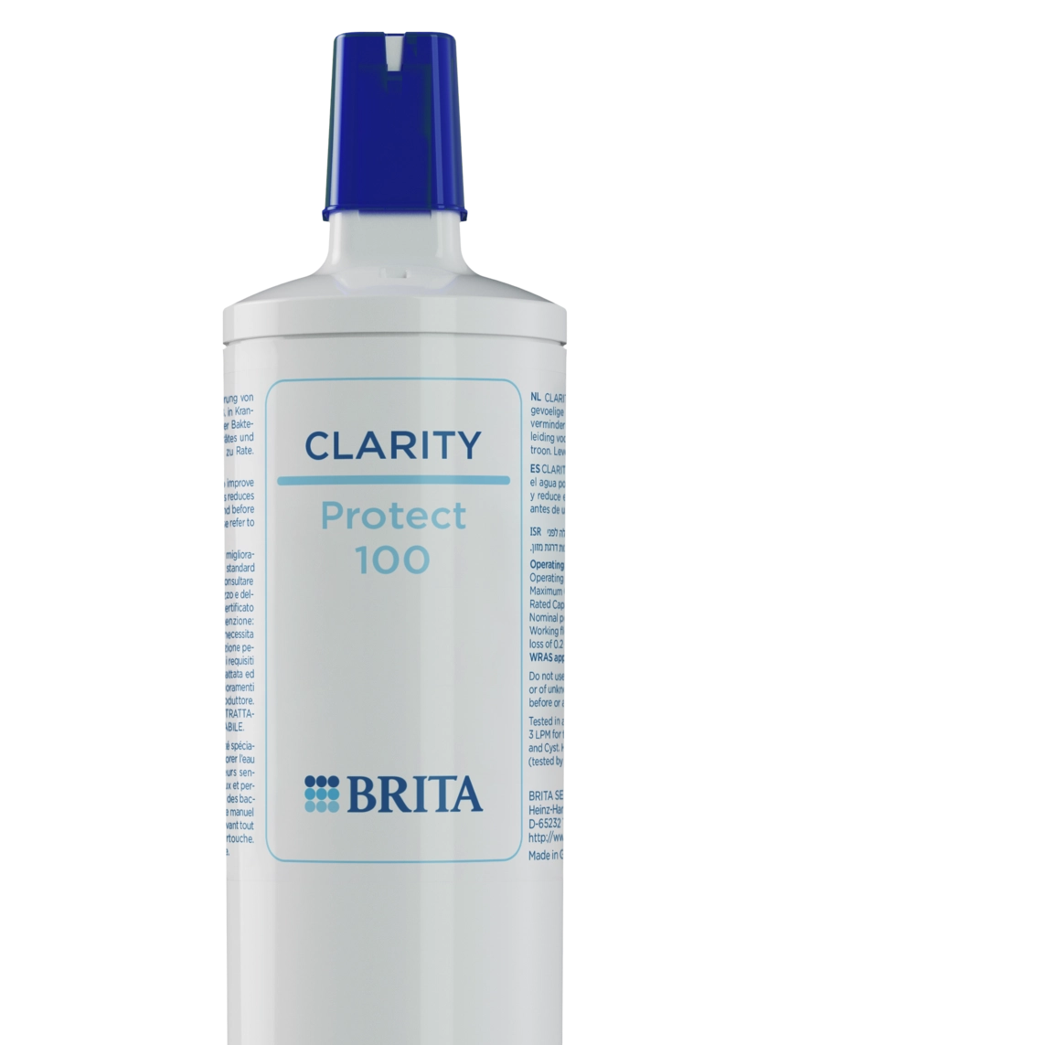 BRITA CLARITY Protect filtro con un tappo blu su sfondo trasparente.
